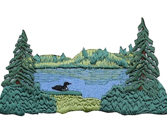 Pond Divers Loon Lake Applique Patch - Duck Trees Nature Outdoors 4" (Iron on)