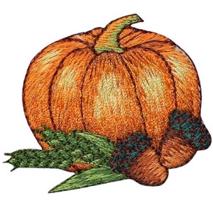 May include: An embroidered patch featuring a large, round orange pumpkin with a green stem. The pumpkin is accented at the base by two brown acorns with textured dark green caps and a long, pointed green leaf extending to the left side.