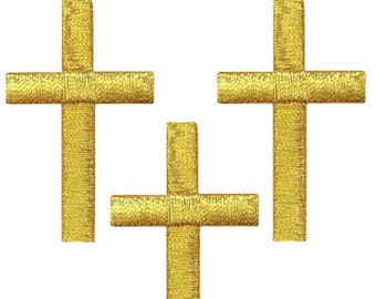 Medium Cross Applique Patch - Gold Jesus Christian Badge 2" (3-Pack, Iron on)