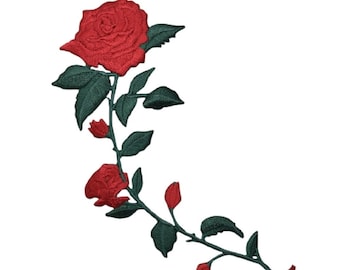 Large Red Rose Applique Patch - Long Stem Love Flower Bloom Badge 5.5" (Iron on)