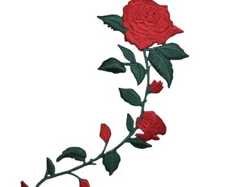 Large Red Rose Applique Patch - Long Stem Love Flower Bloom Badge 5.5" (Iron on)