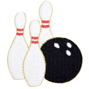 May include: Three white bowling pins with red stripes and a black bowling ball with three white holes.