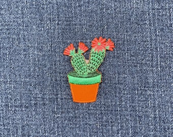 Parche de aplique de cactus - Maceta naranja bordada con flores rosas de 4,4 cm (para planchar)