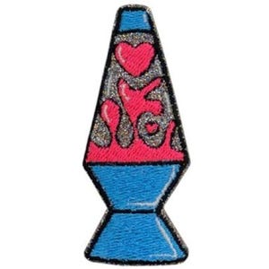 May include: Embroidered patch depicting a lava lamp. The patch has a blue top and base, with a silver glitter-filled centre. Pink lava shapes and a heart detail the centre, outlined in black.