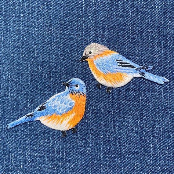 2-Pack Bluebird Applique Patch Set - Embroidered Blue Bird Badges (Iron On)