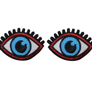 May include: Two blue eyes with black pupils and white scleras, outlined in red and black, with eyelashes. The eyes are embroidered on a black fabric.