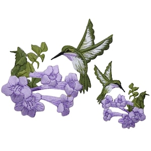 Hummingbird & Flowers Applique Patch Set - Gardening Nature Bird Embroidered Badges (2-Pack, Iron on)