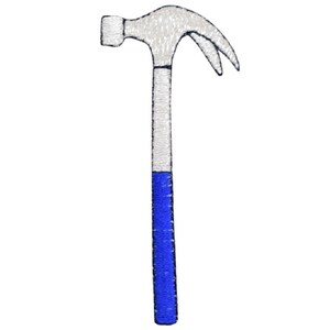May include: An embroidered iron-on patch of a white hammer with a blue handle.