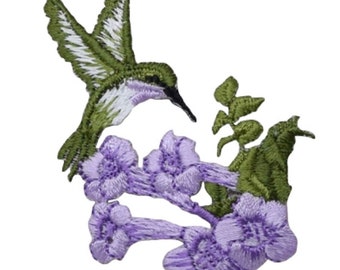 Small Hummingbird Applique Patch - Purple Flowers, Bird Badge 2.5" (Iron on)