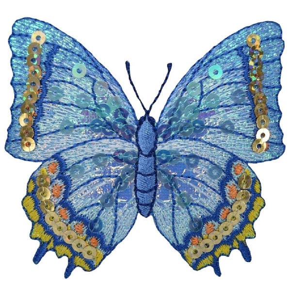 Butterfly Applique Patch - Sequin, Blue/Yellow Insect Badge 3-1/8" (Iron on)