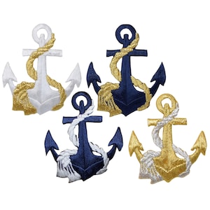 May include: Set of three embroidered iron-on patches featuring anchors with rope details. The anchors are in white, navy blue, and gold.