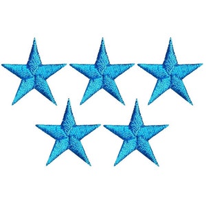 May include: Five blue embroidered stars on a white background.