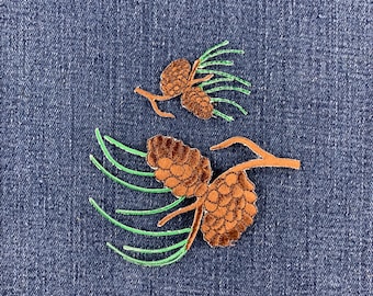 2-Pack Pine Needles & Cones Patch Set - Embroidered Nature Fall Autumn Badges (Iron On)