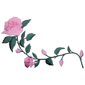 Large Pink Rose Applique Patch - Long Stem Flower Bloom Badge 5.5" (Iron on)