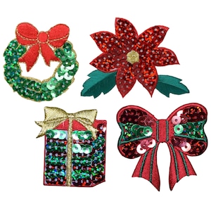 Sequin Christmas Applique Patch: Holiday Wreath, Bow, Gift, Poinsettia (Iron On)