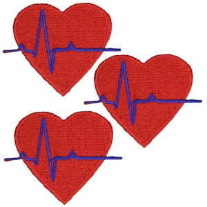 May include: Three red felt heart-shaped patches with blue embroidered EKG lines.