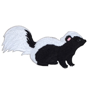 May include: Embroidered patch featuring a skunk. The skunk is depicted in a side profile with a black body and a white stripe down its back and tail. The patch has a white background.