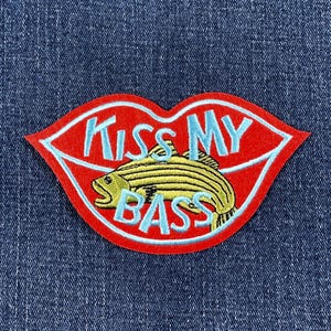 Kiss My Bass Patch - Embroidered Fishing & Red Lips Badge 4.5" (Iron On)