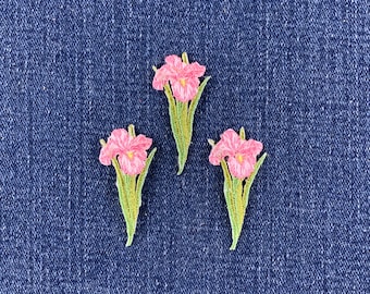 3-Pack Pink Iris Applique Patch - Embroidered Decorative Flower Badge 1.75" (Iron On)