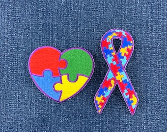 2-Pack Autism Awareness Patch Set - Embroidered Heart & Ribbon Puzzle Pieces Badges (Iron On)