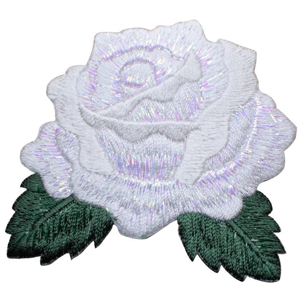 Weiße Rose Applikation Patch - Blätter Blütenknospe Gartenarbeit Abzeichen 2-5/8" (aufbügeln)