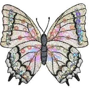 Butterfly Applique Patch - Sequin, White Insect Badge 3-1/8" (Iron on)