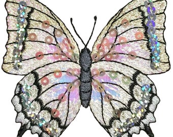 Parche de aplique de mariposa - lentejuelas, insignia de insecto blanco 3-1/8" (hierro encendido)
