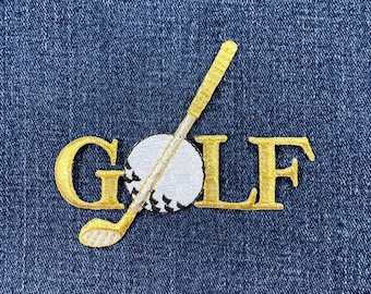 Golf Applique Patch - Embroidered Gold Golf Club & Ball Badge 3.5" (Iron On)
