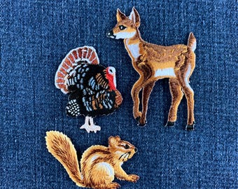 3-Pack Woodland Forest Wildlife Animal Patch Set - Embroidered Deer Turkey & Chipmunk Badges (Iron On)