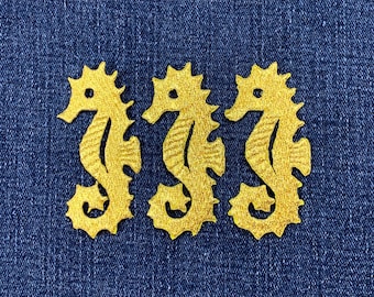 3-Pack Gold Seahorse Applique Patch - Embroidered Sea Creature Badge 2.75" (Iron On)