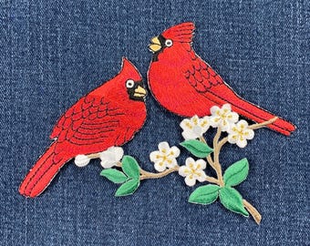 Two Cardinals On A Branch Applique Patch - Embroidered Bird Badge 5.25" (Iron On)