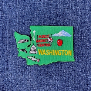 Écusson de carte de Washington - Pike Place observant les baleines, mont Rainier, insigne brodé de pommes de Seattle 3,5 pouces (fer à repasser)