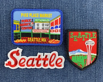 3er-Pack Seattle-Aufnäher-Set – Gestickte Abzeichen von Pike Place, The Needle und Mount Rainier (zum Aufbügeln)