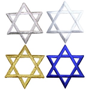 May include: Four embroidered Star of David patches arranged in a grid. The top left patch is silver, the top right is white, the bottom left is gold, and the bottom right is blue. Each six-pointed star features a dense, textured thread finish.