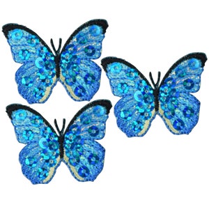 Mini Blue Butterfly Applique Patch - Sequin Insect Bug 1.5" (3-Pack, Iron on)