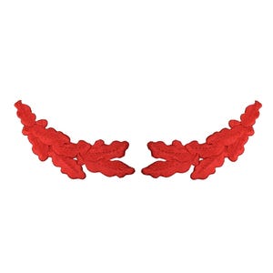 May include: Two symmetrical red embroidered patches shaped like curved leafy branches. Each patch features a dense, textured stitch pattern forming multiple rounded leaf segments arranged along a central stem, creating a mirrored pair design.