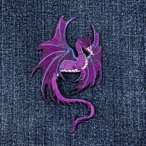 Purple Fantasy Dragon Applique Patch - Embroidered Good Luck Power Strength Badge 4" (Iron On)