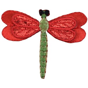 May include: Red and green embroidered dragonfly applique patch.