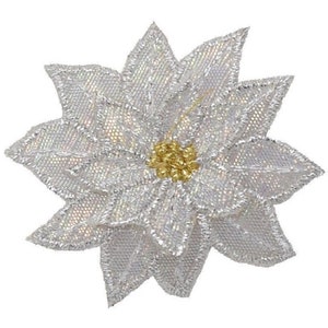 Medium White Poinsettia Applique Patch - Sheer Layered Christmas Flower Badge 2-7/8" (Iron on)