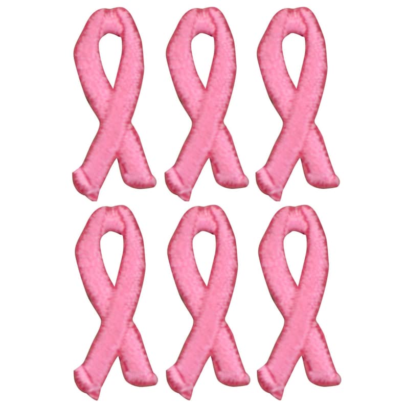 May include: Six pink ribbon patches. The ribbons are a symbol of breast cancer awareness.