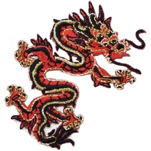 May include: Red and black embroidered iron-on patch of a Chinese dragon with gold accents.