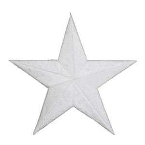 May include: A white, five-pointed star patch with a textured surface. The star is embroidered with a detailed design, and the edges are neatly finished. The star is a classic shape, often used for decorative purposes.