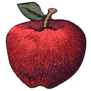 May include: A red embroidered apple with a green leaf and brown stem.