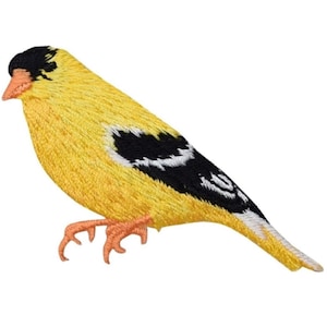 May include: Embroidered patch of a yellow and black goldfinch bird with a white background.