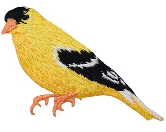 May include: Embroidered patch of a yellow and black goldfinch bird with a white background.