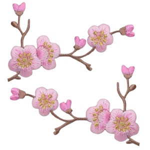 Cherry Blossom Applique Patch Set - Brown Branch Pink Bloom Flower 3-1/8&quot; (2-Pack, Iron on)