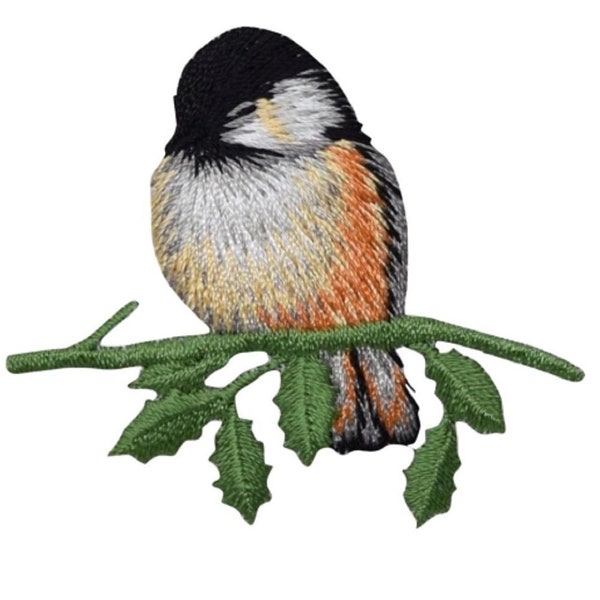 Chickadee Bird Applique Patch - Branch, Leaves 2.5" (Iron on)