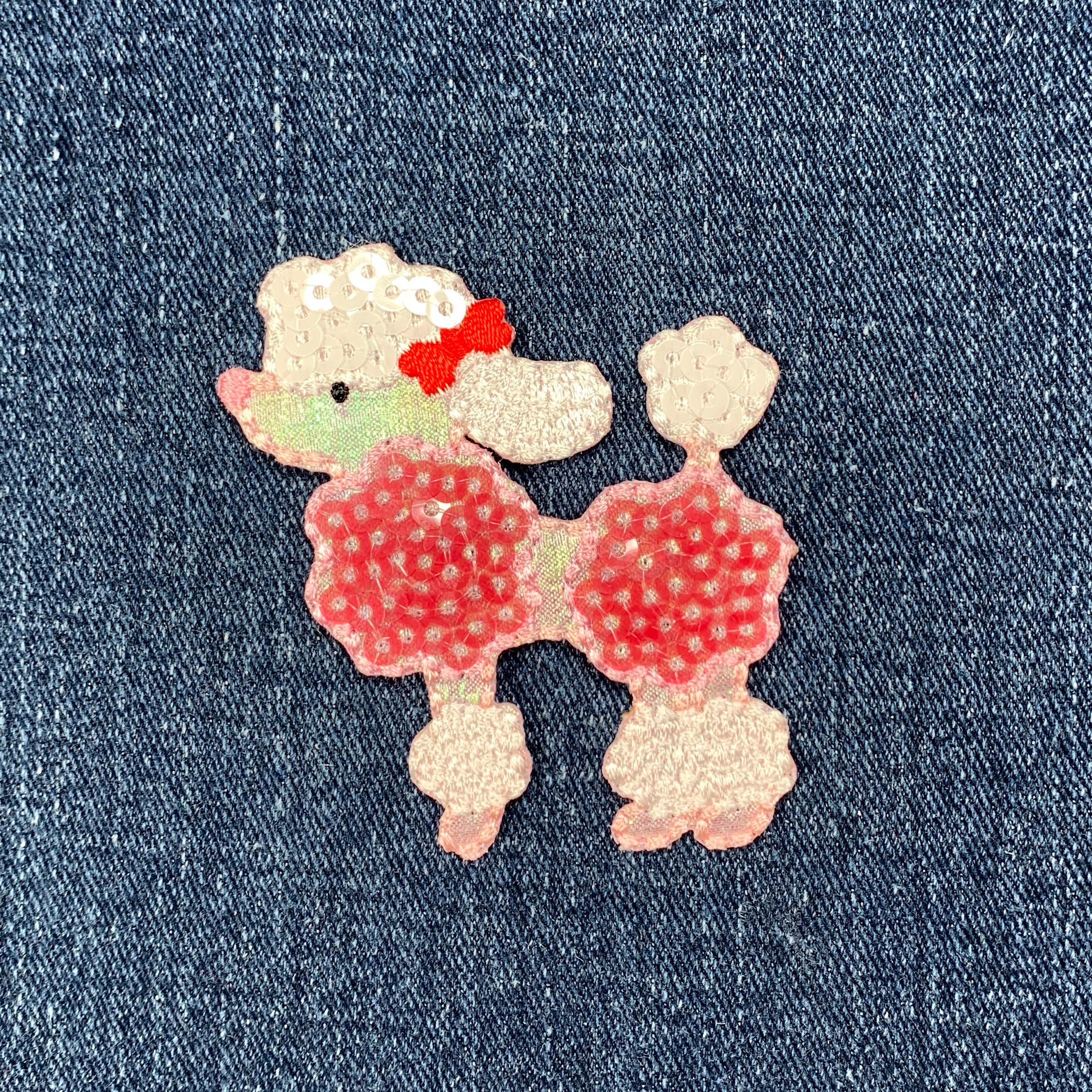 Pailletten Pudel Applikation Patch - Aufbügel-Abzeichen Mit Weißem Hund Im Kleid