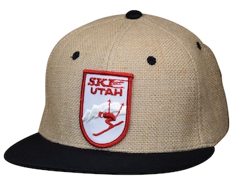 Ski Utah Hat - Authentic Vintage Patch, Natural Fiber Jute Snapback Cap