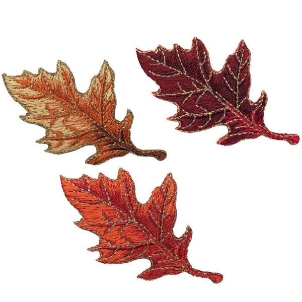 Autumn Fall Leaf Applique Patch - Orange, Tan, Burgundy Oak Leaf 2-7/8" (3-Pack, Iron on)